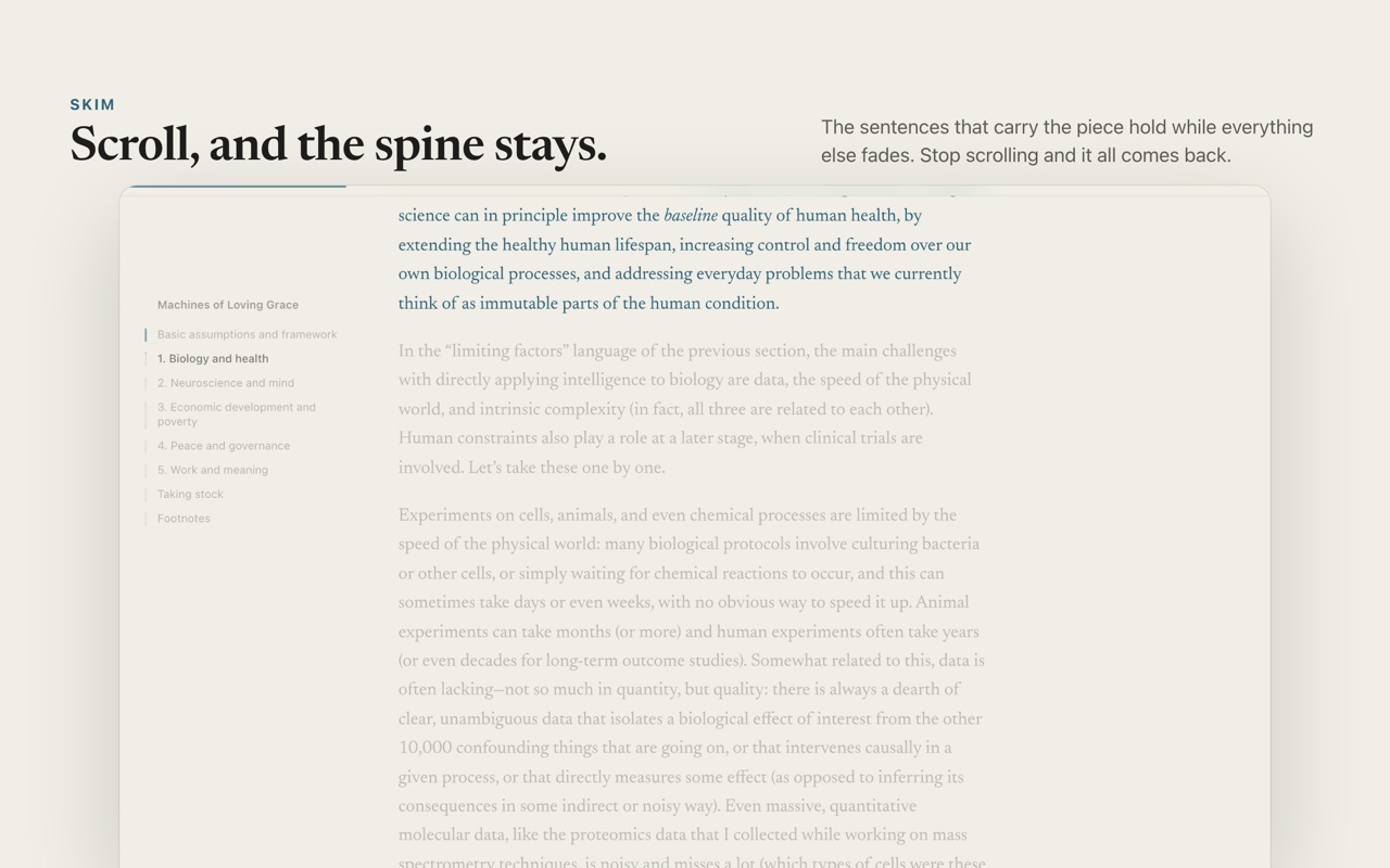 Skim: while scrolling, the key sentences in Machines of Loving Grace stay dark teal and the rest fades.